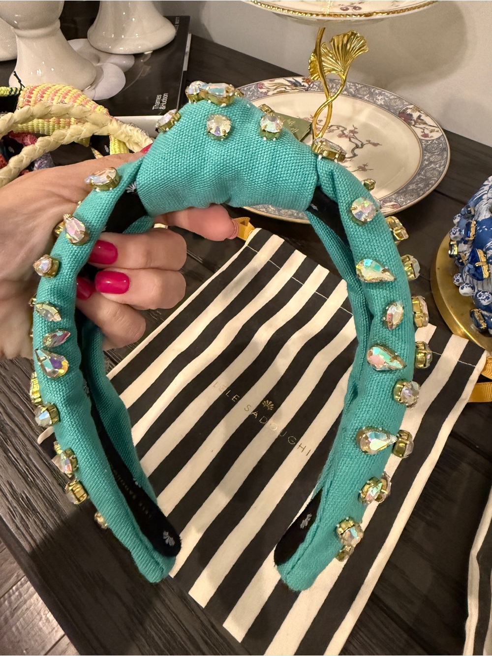 Lele Sadoughi Turquoise Jeweled Padded Headband - Picture 5 of 8